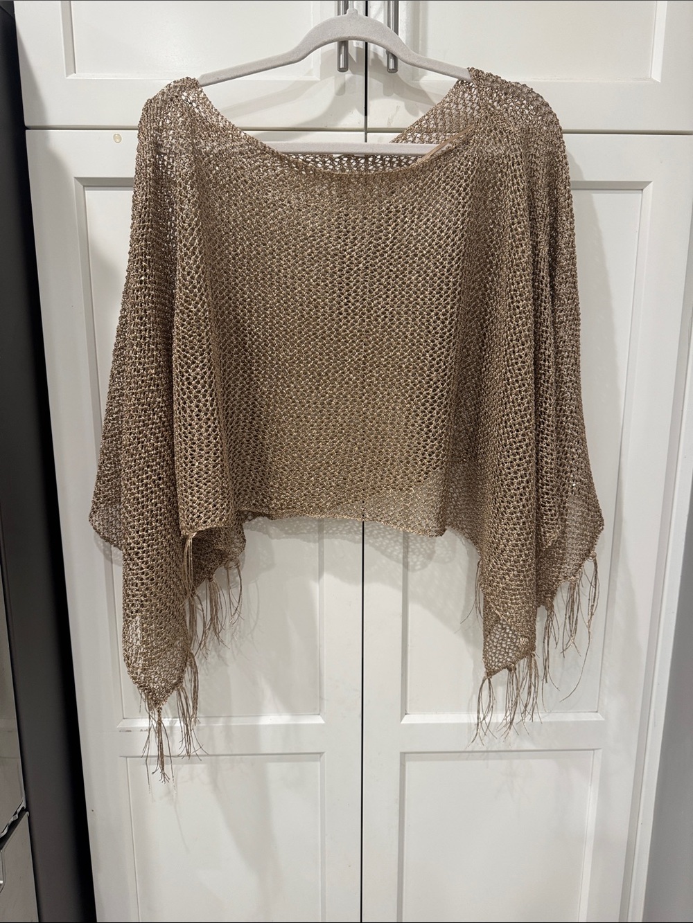 Open-Knit Fringe Poncho Sweater in Taupe